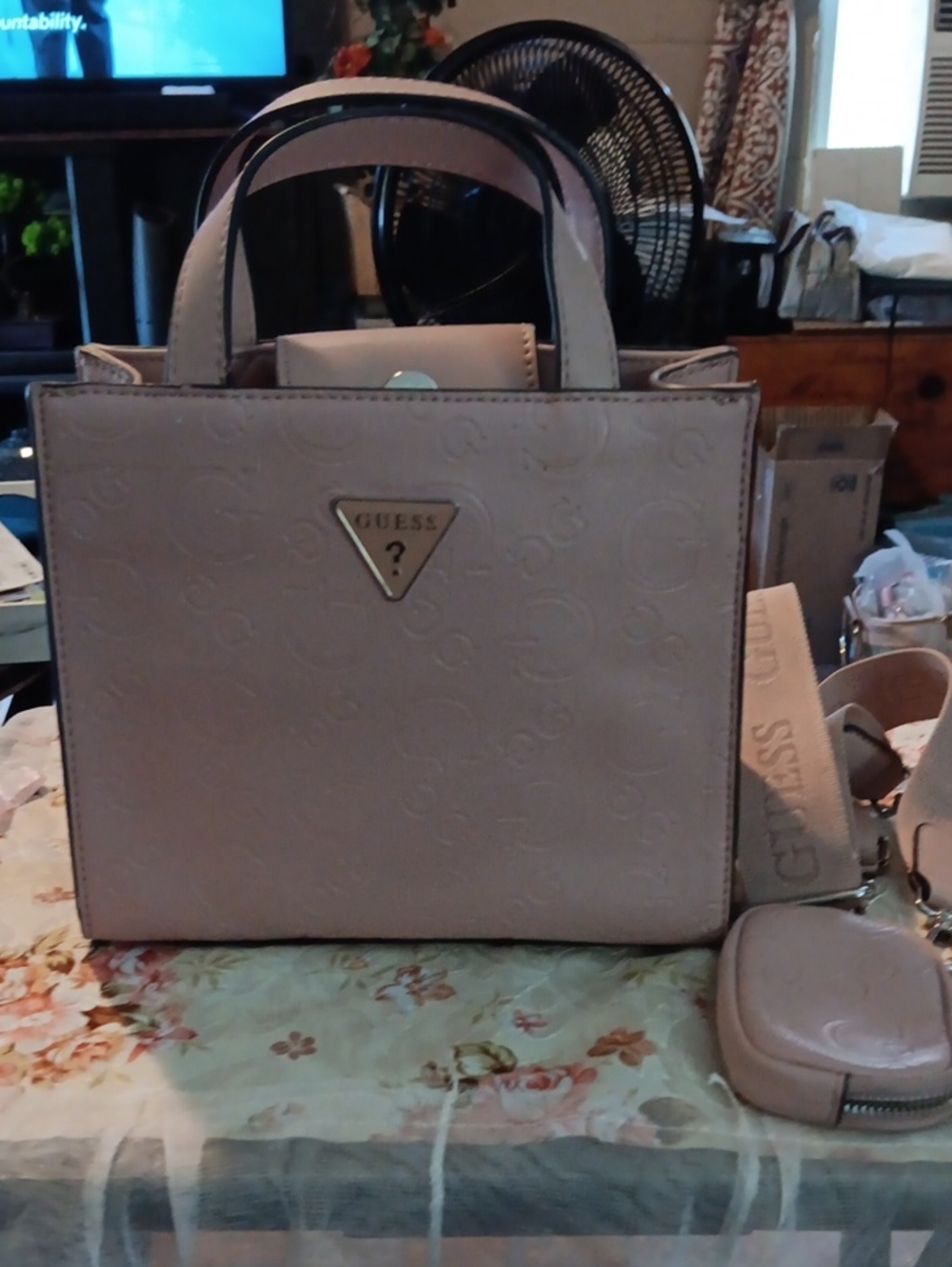 GUESS Blush Beige Embossed Logo Tote with Matching Pouch